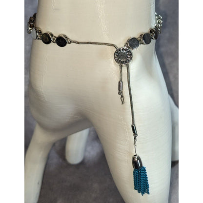 Boho BCBGeneration Enjoy The Journey Blue Tassel Charm Bracelet Silver Tone