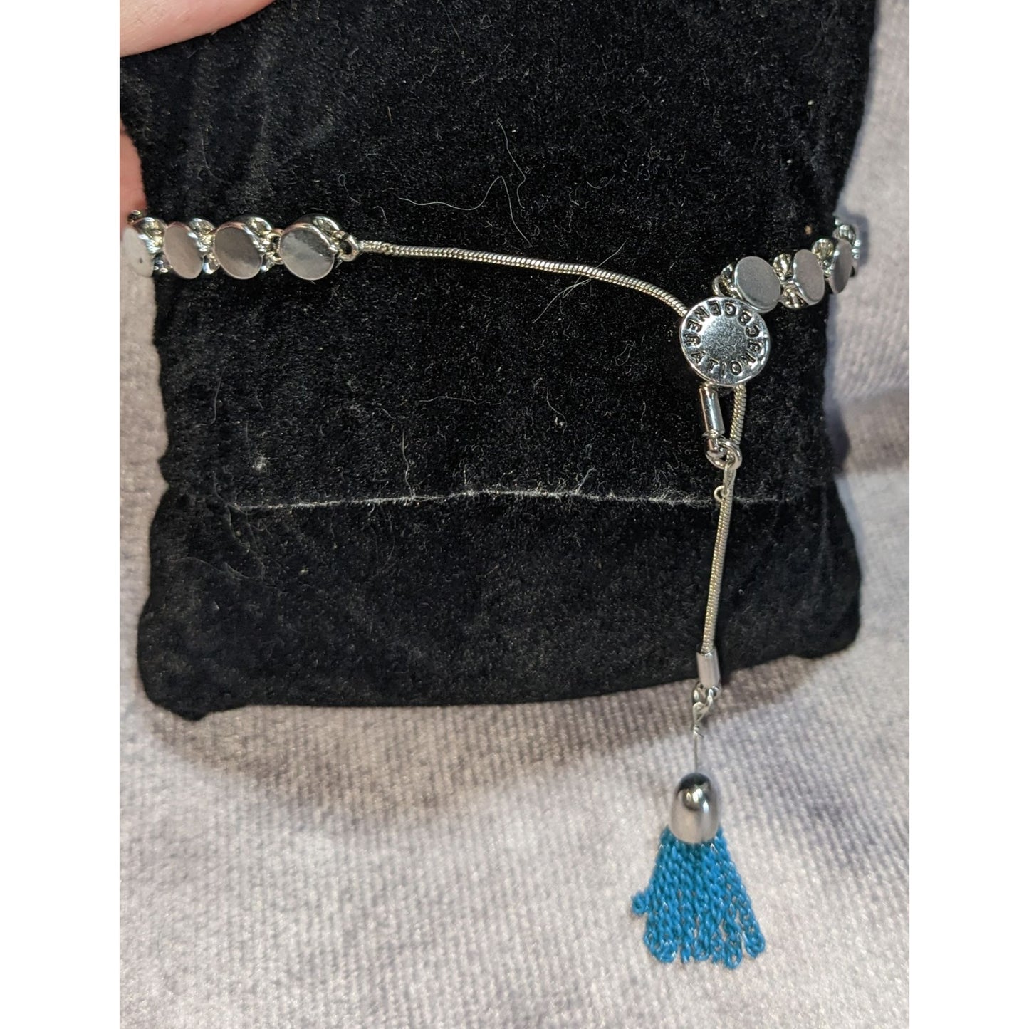 Boho BCBGeneration Enjoy The Journey Blue Tassel Charm Bracelet Silver Tone