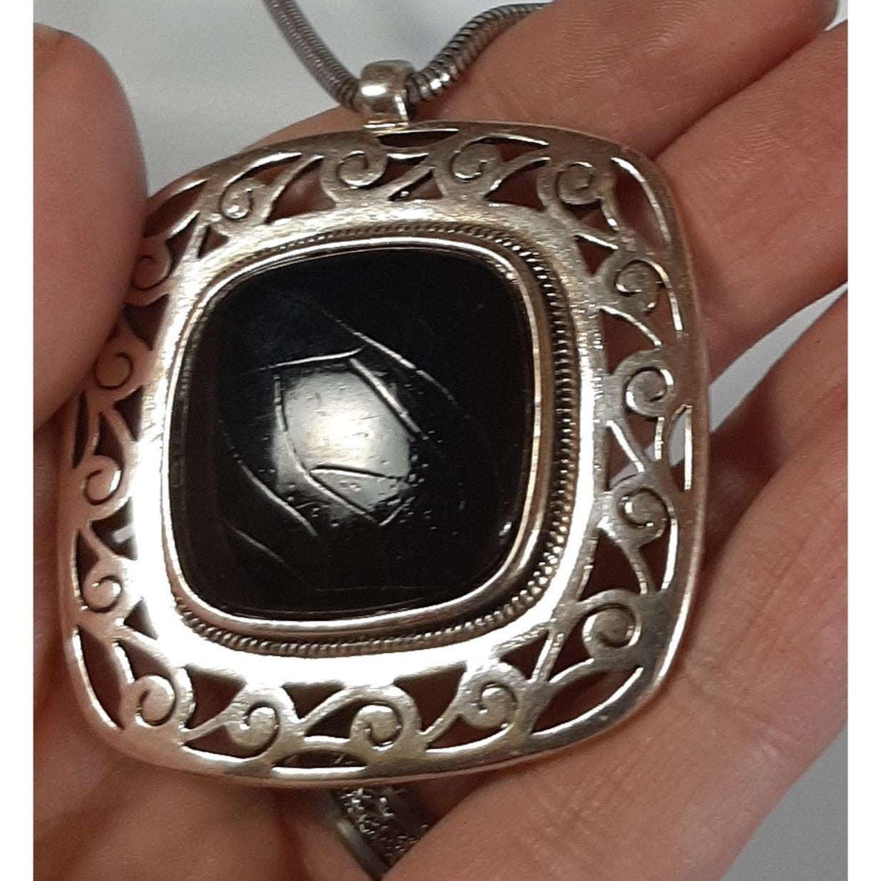 Chunky Abstract Pendant Necklace With Scrollwork Border