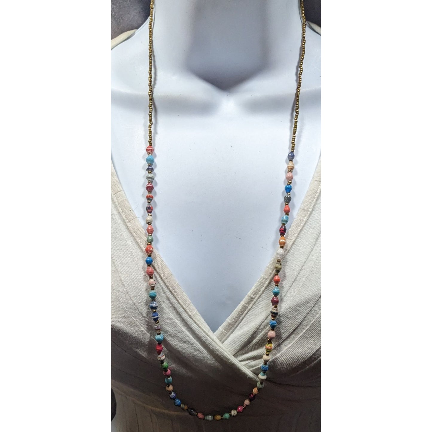 Bohemian Rainbow Wrapped Paper And Glass Beaded Necklace