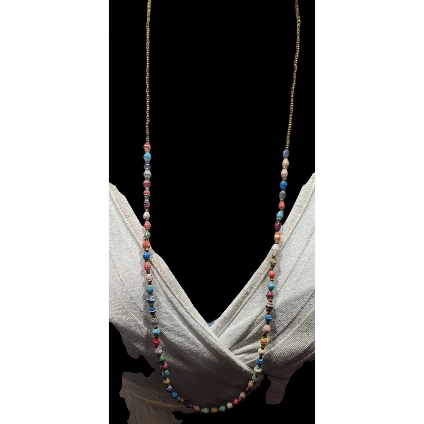 Bohemian Rainbow Wrapped Paper And Glass Beaded Necklace