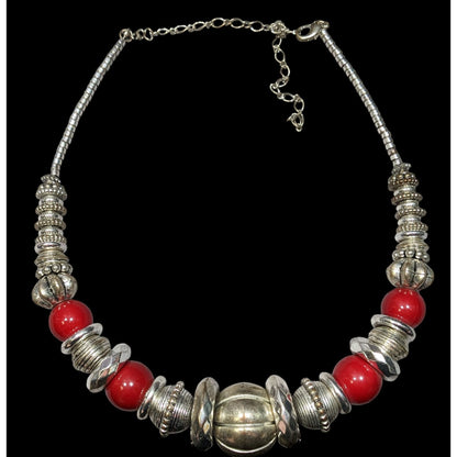 Retro Chunky Metallic Red And Silver Tone Beaded Necklace