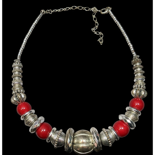 Retro Chunky Metallic Red And Silver Tone Beaded Necklace