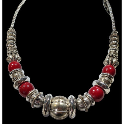 Retro Chunky Metallic Red And Silver Tone Beaded Necklace