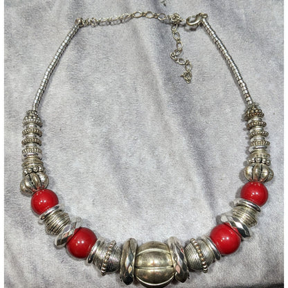 Retro Chunky Metallic Red And Silver Tone Beaded Necklace