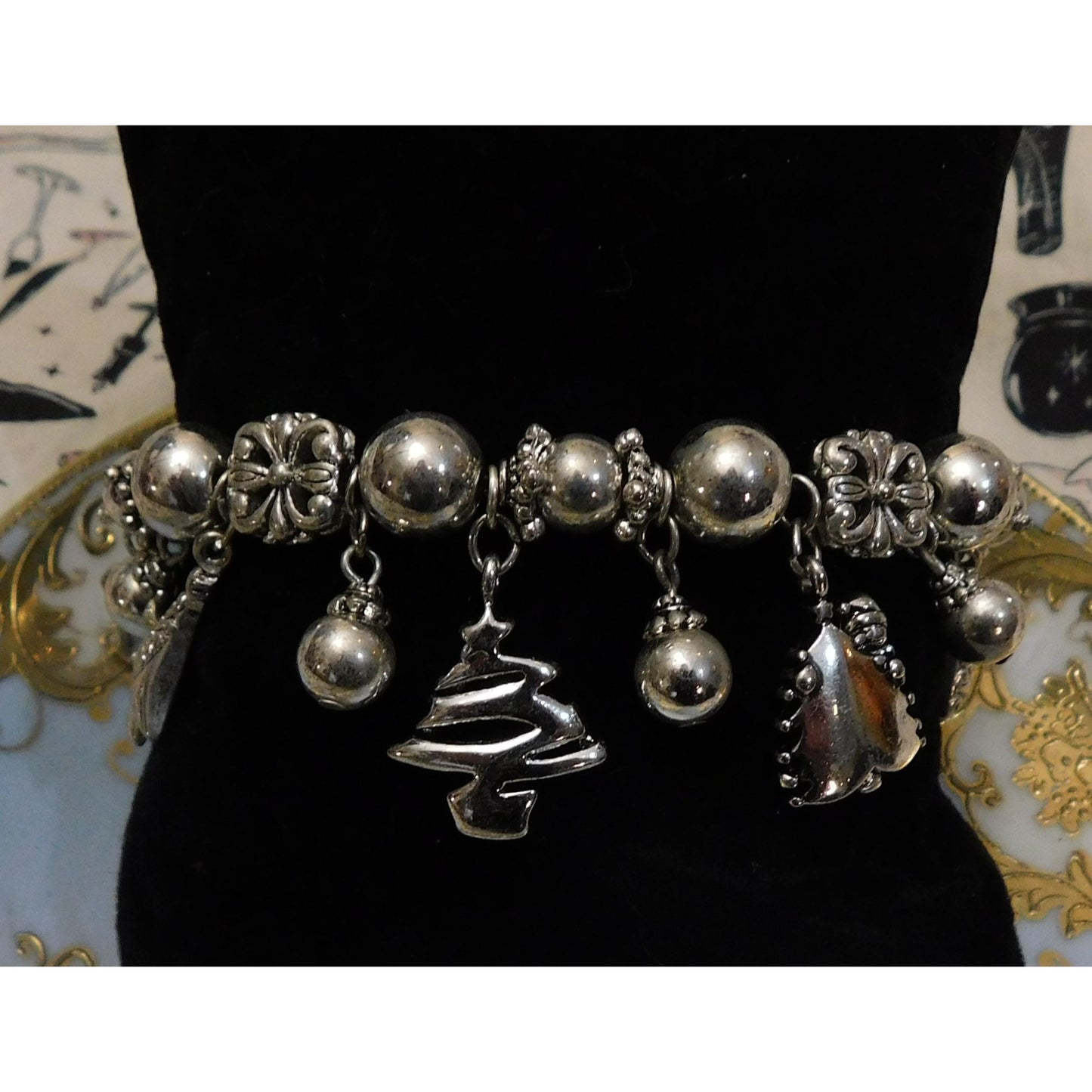Vintage Christmas Tree Charm Bracelet Silver Tone