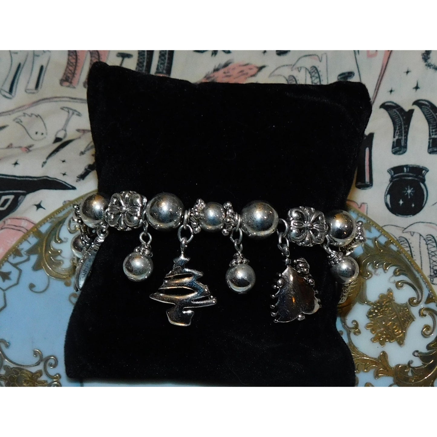 Vintage Christmas Tree Charm Bracelet Silver Tone