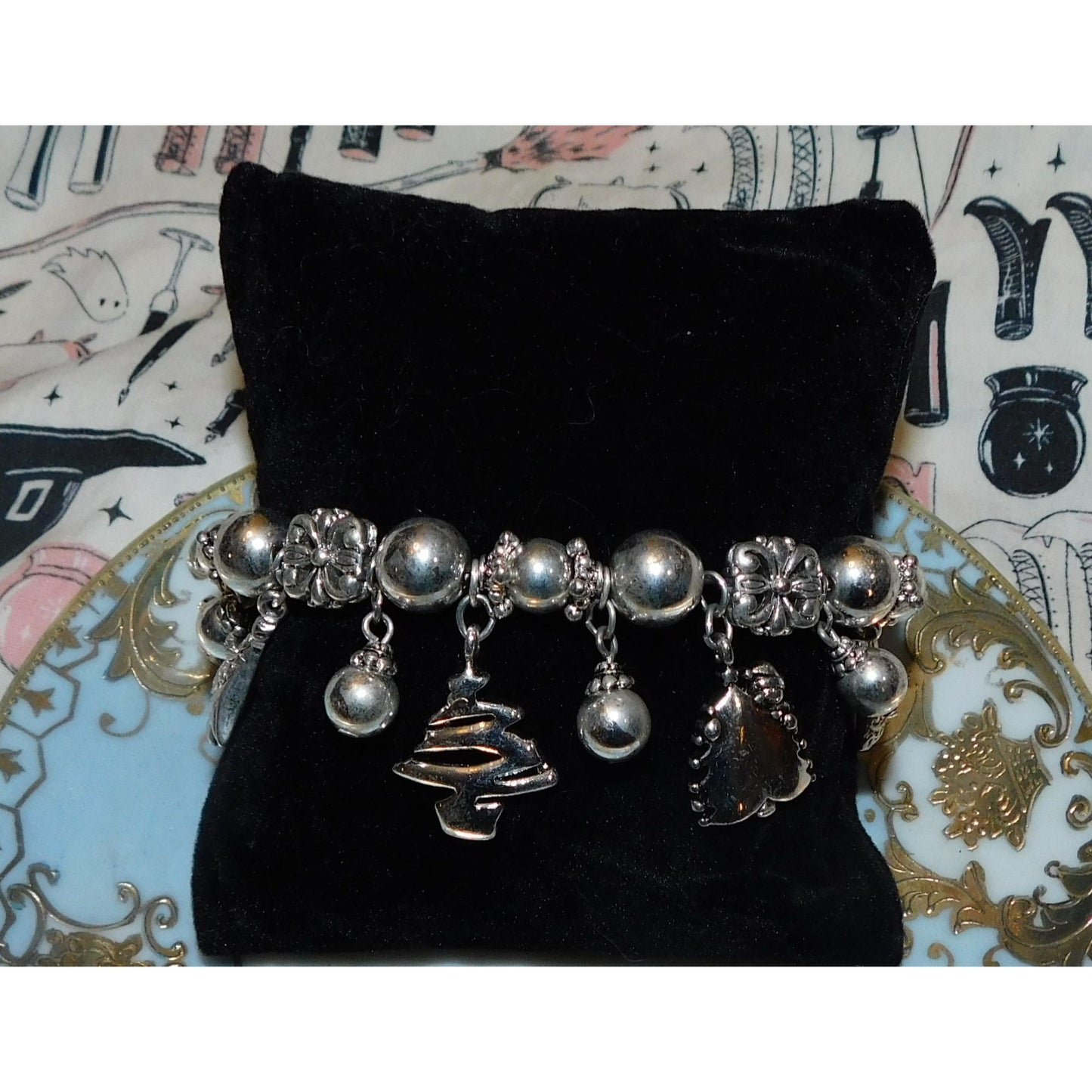 Vintage Christmas Tree Charm Bracelet Silver Tone