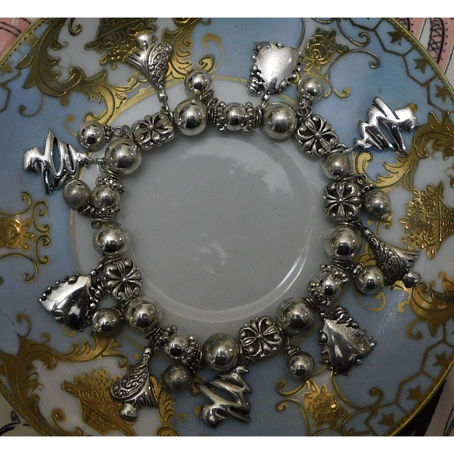 Vintage Christmas Tree Charm Bracelet Silver Tone