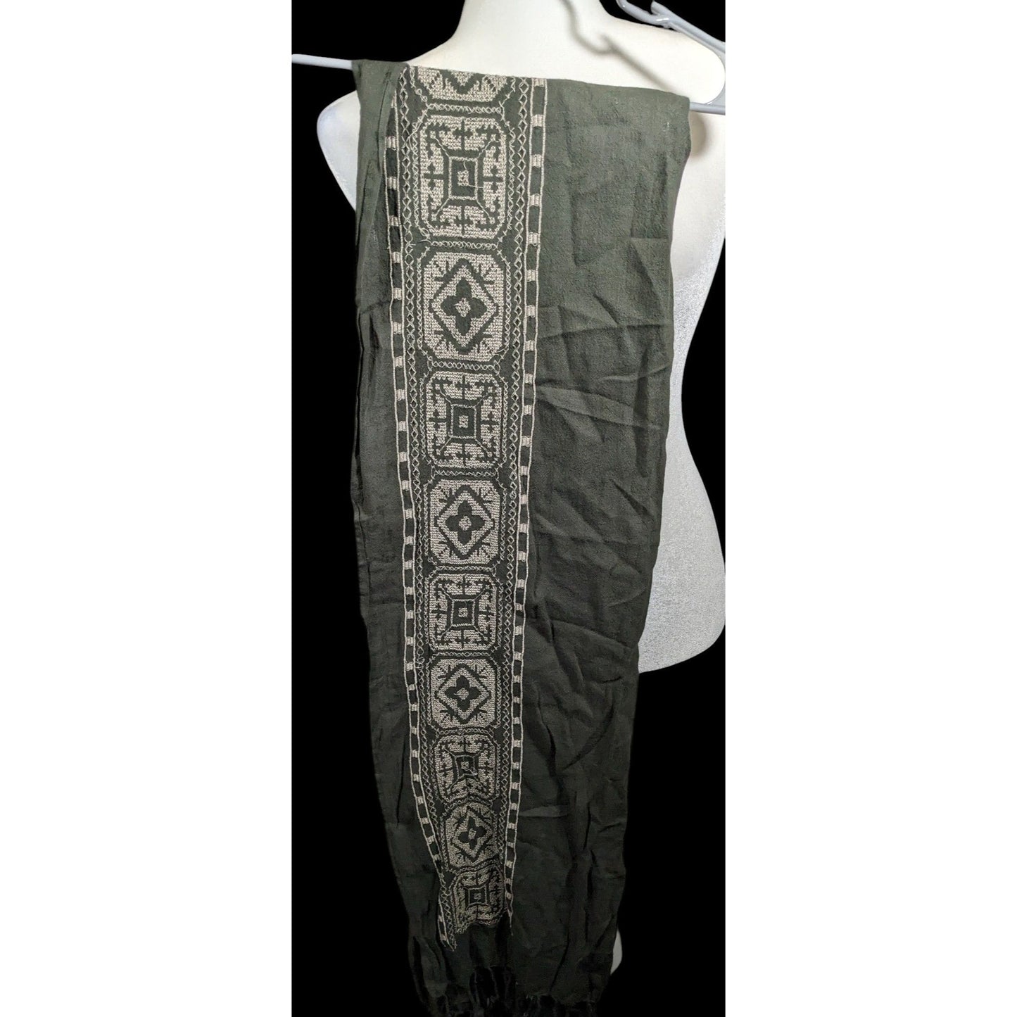 Vintage Green And White Floral Embroidered Scarf