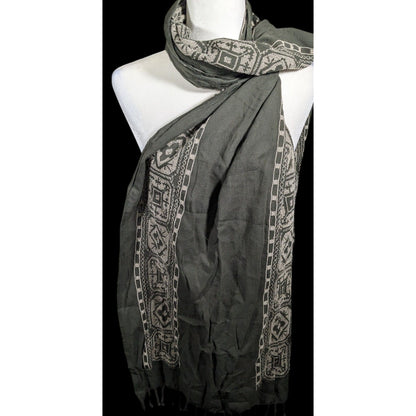 Vintage Green And White Floral Embroidered Scarf