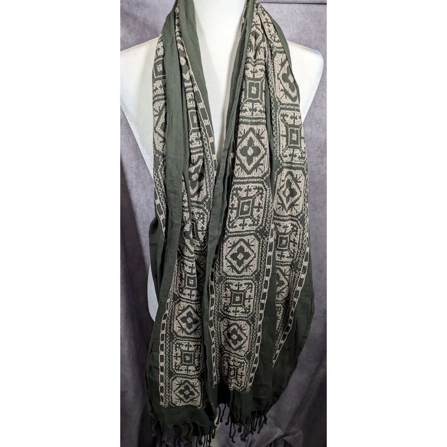 Vintage Green And White Floral Embroidered Scarf
