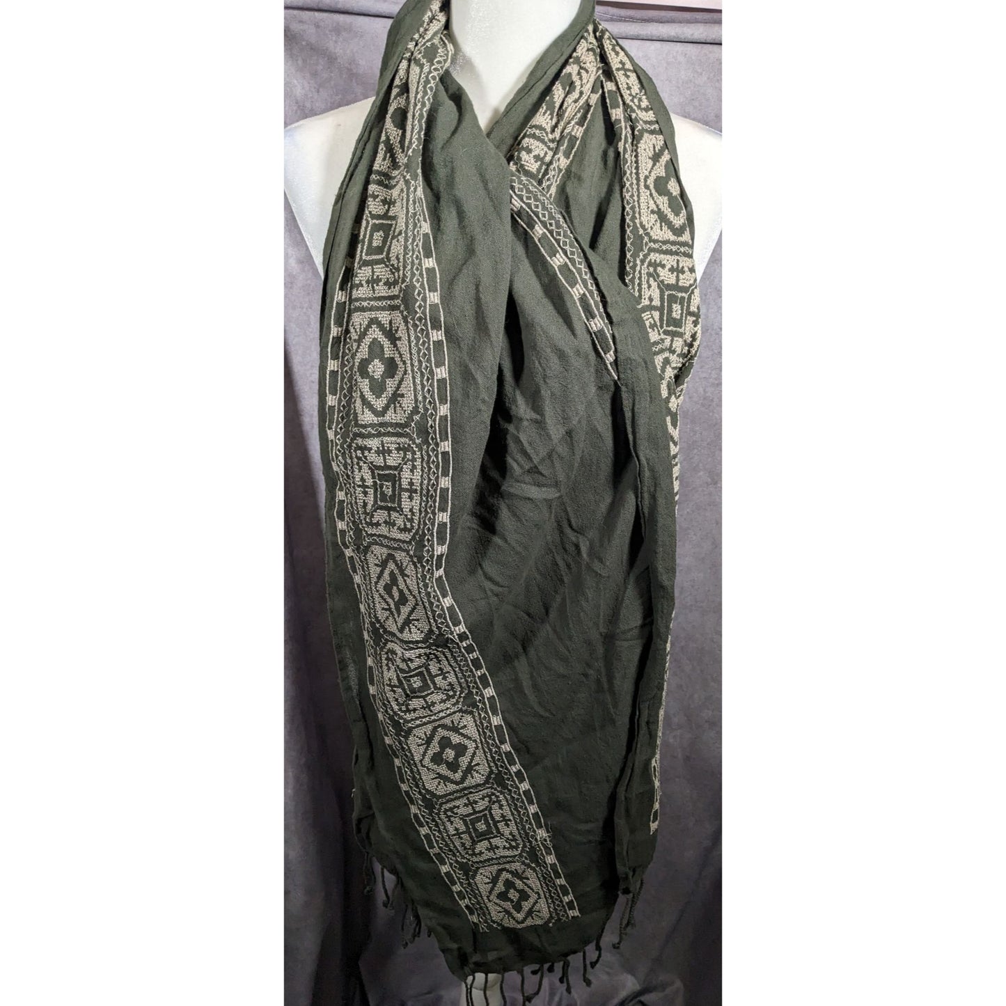 Vintage Green And White Floral Embroidered Scarf
