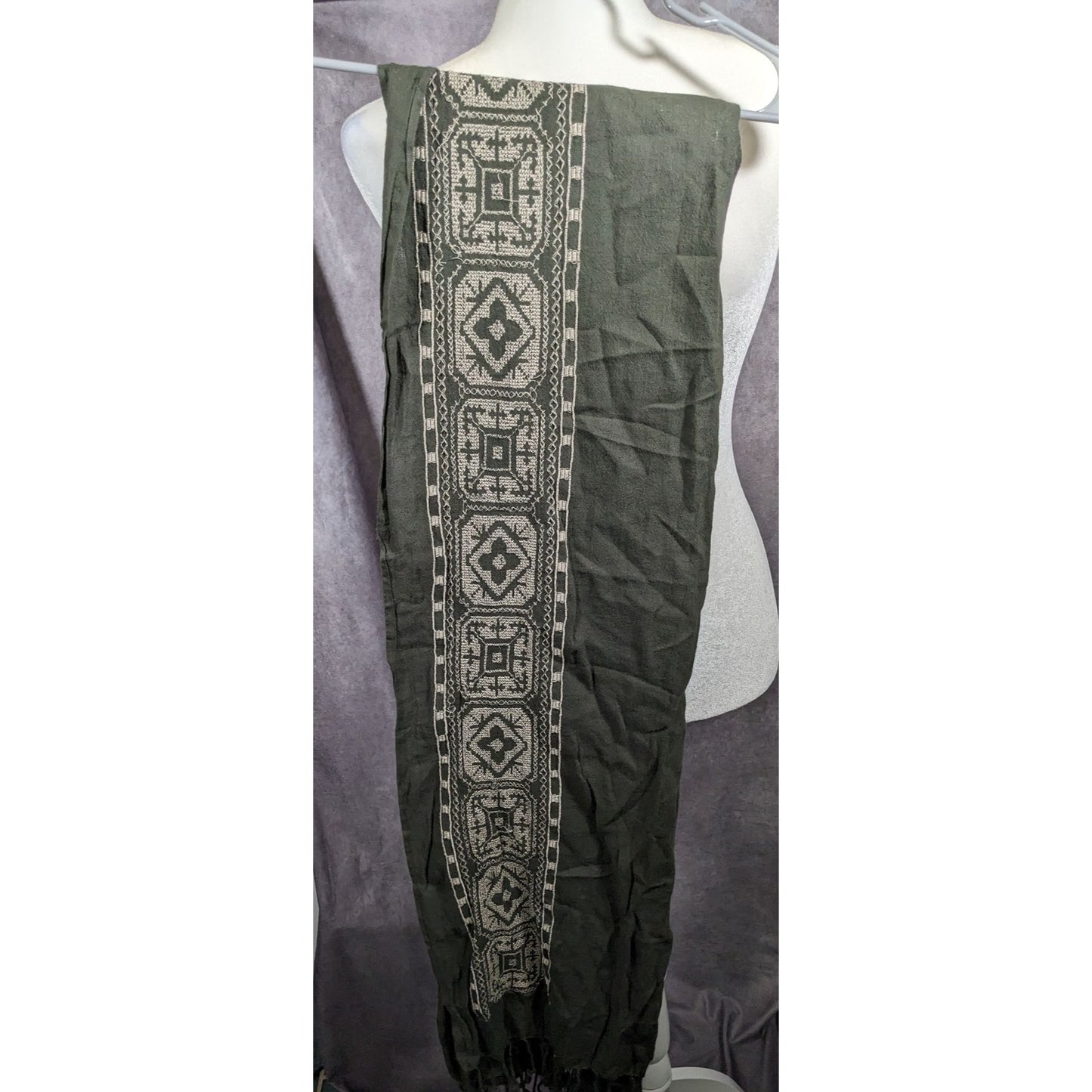 Vintage Green And White Floral Embroidered Scarf