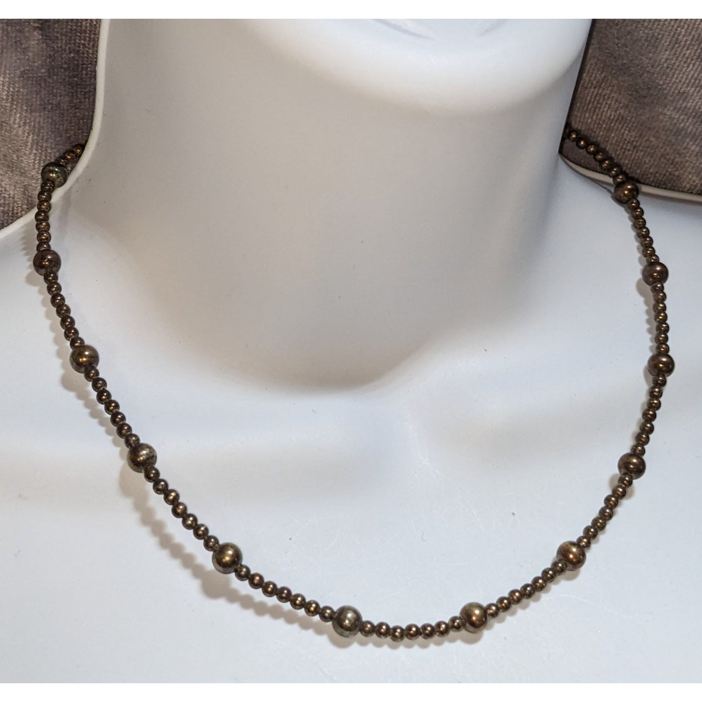 Antiqued Silver Beaded Necklace Vintage Ball Station Chain Minimalist Classic Jewelry