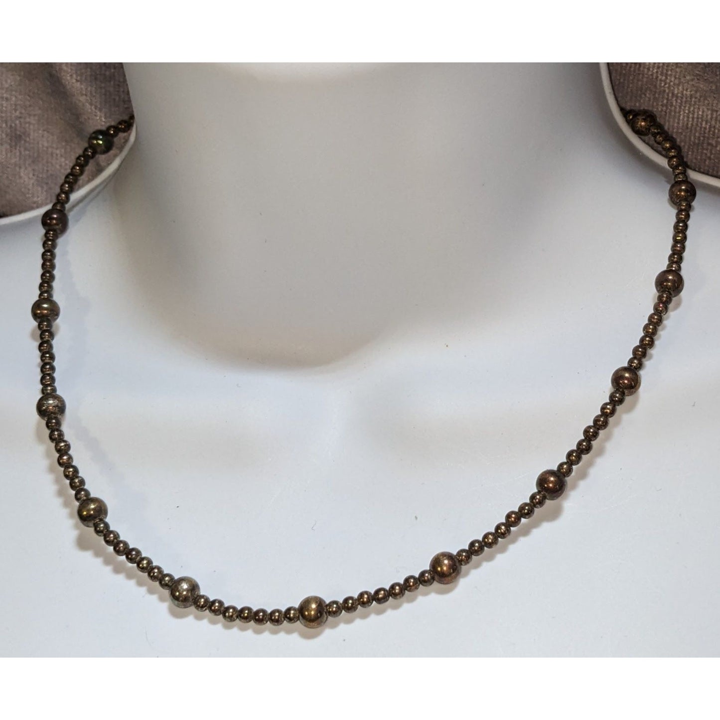 Antiqued Silver Beaded Necklace Vintage Ball Station Chain Minimalist Classic Jewelry