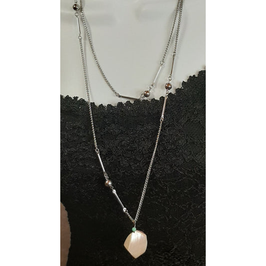 Vintage Mother Of Pearl Box Pendant Necklace With Layered Chain