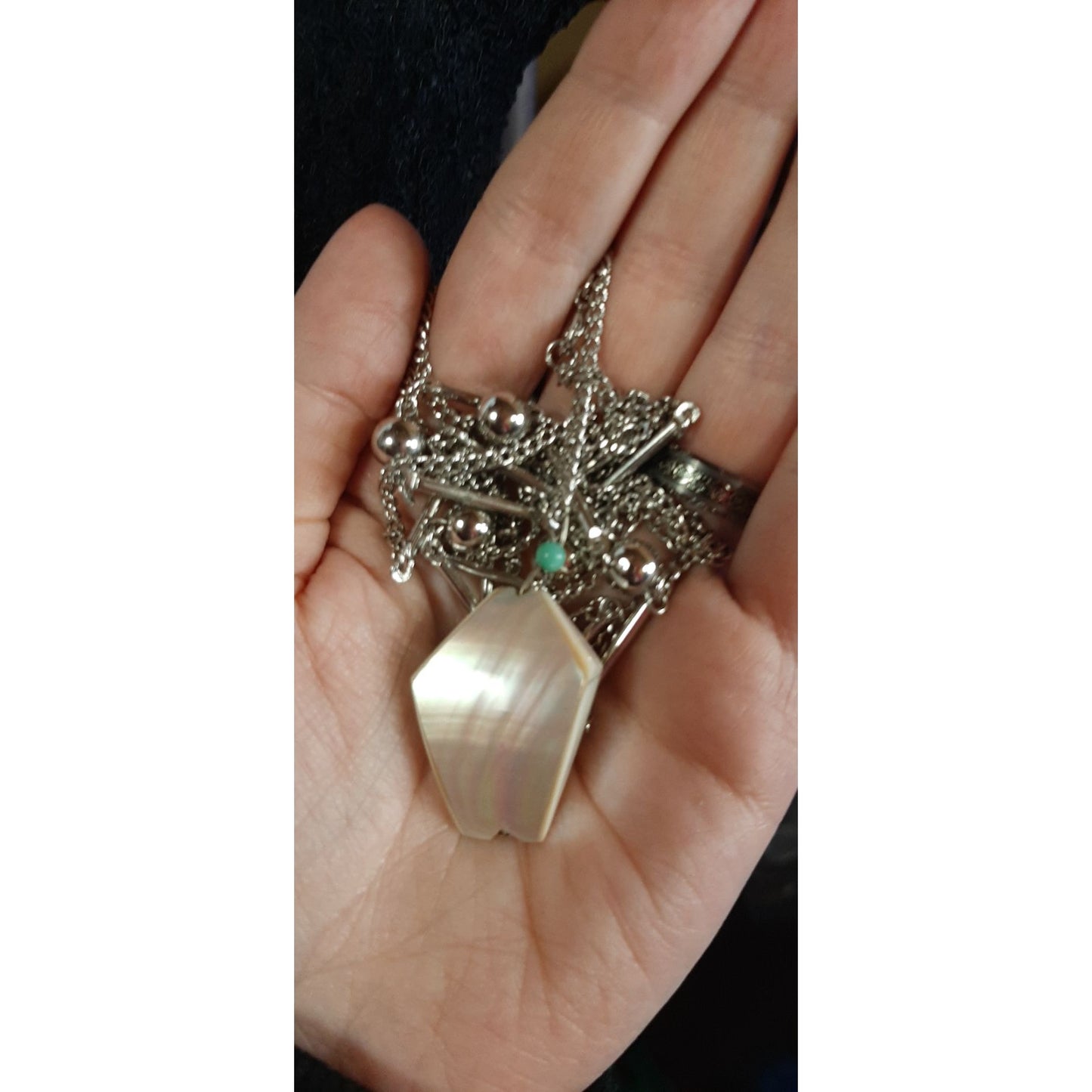 Vintage Mother Of Pearl Box Pendant Necklace With Layered Chain