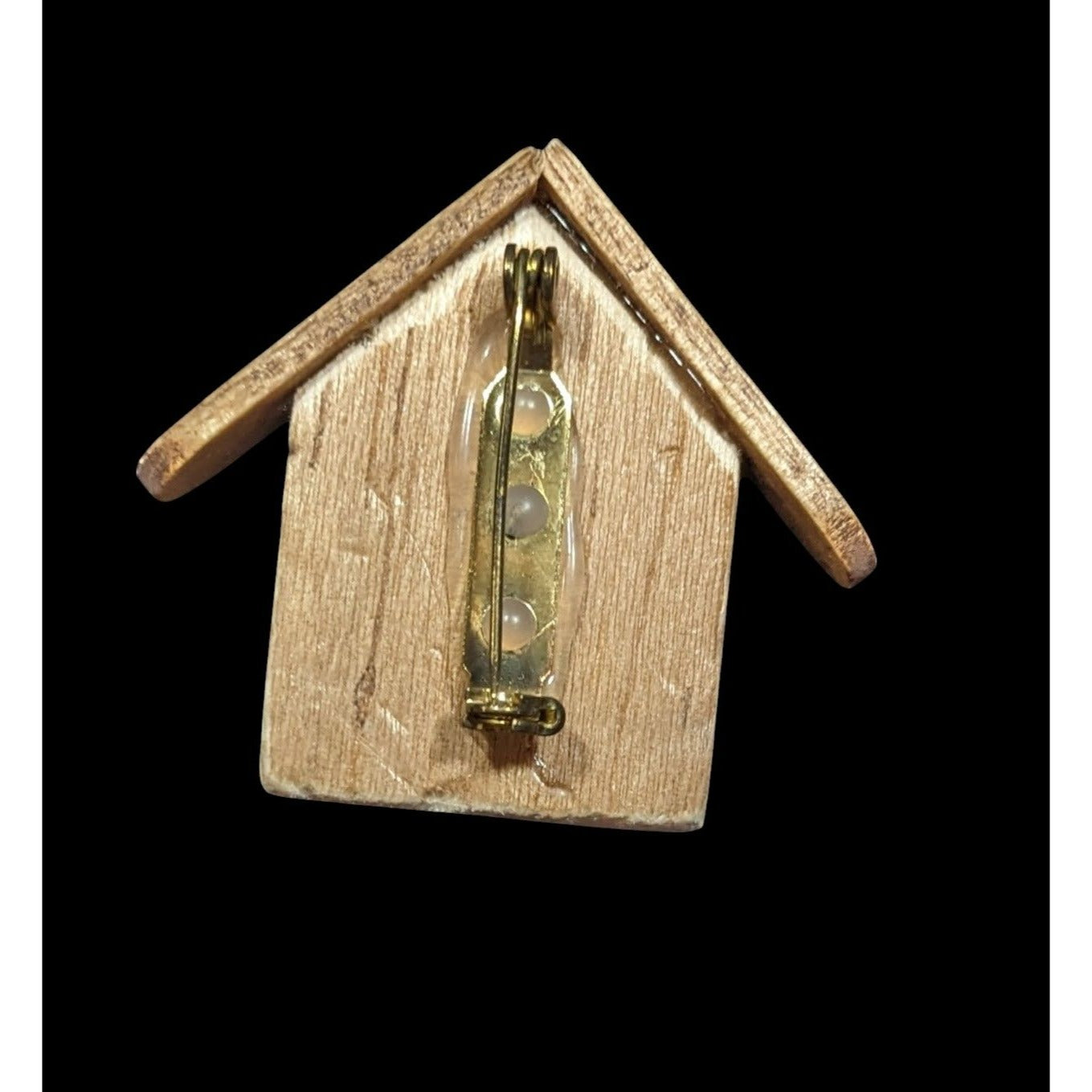 Vintage Handmade Wood Birdhouse Brooch With Painted Accents