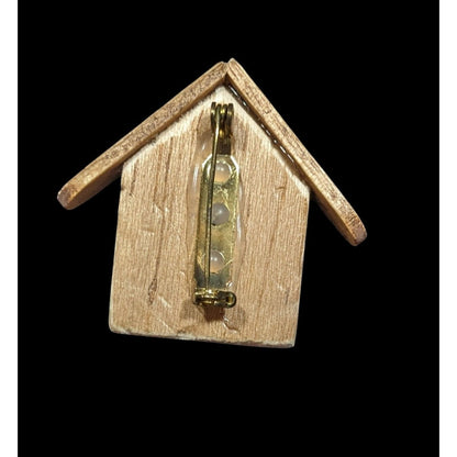 Vintage Handmade Wood Birdhouse Brooch With Painted Accents