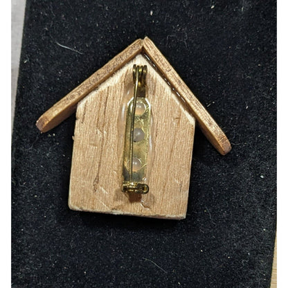 Vintage Handmade Wood Birdhouse Brooch With Painted Accents