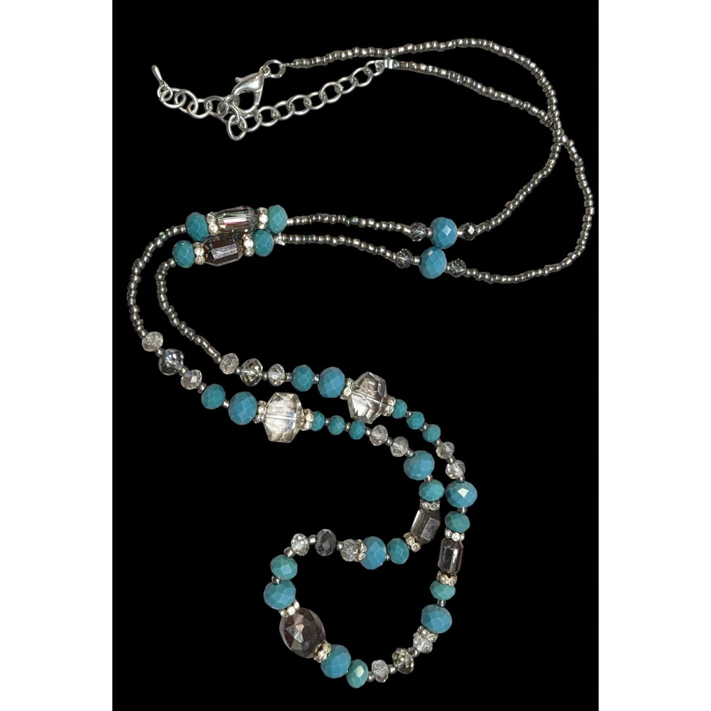 Elegant Teal And Silver Tone Glass Beaded Necklace With Aurora Borealis Accents