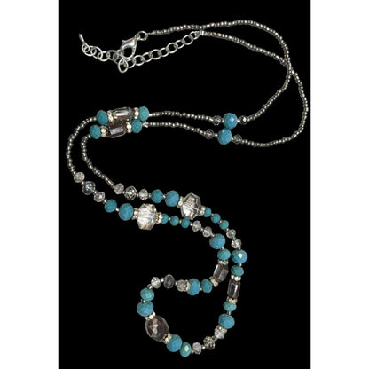Elegant Teal And Silver Tone Glass Beaded Necklace With Aurora Borealis Accents