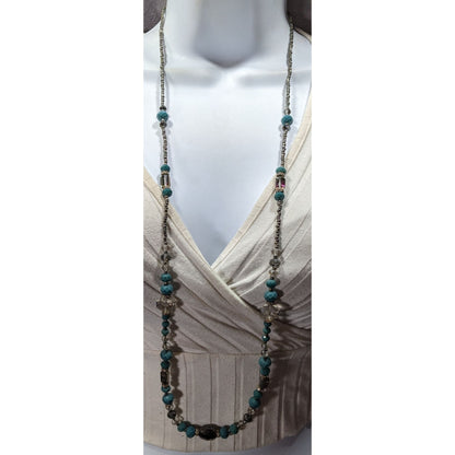 Elegant Teal And Silver Tone Glass Beaded Necklace With Aurora Borealis Accents