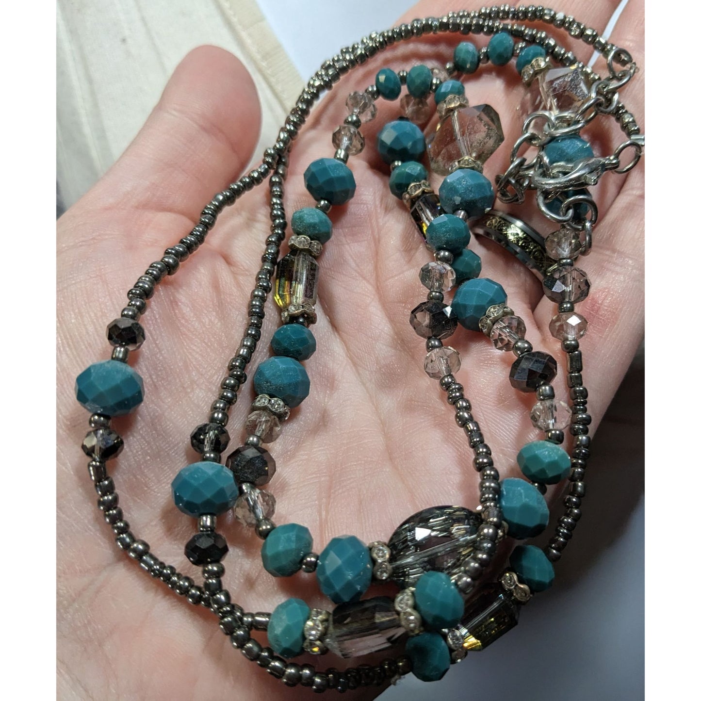 Elegant Teal And Silver Tone Glass Beaded Necklace With Aurora Borealis Accents