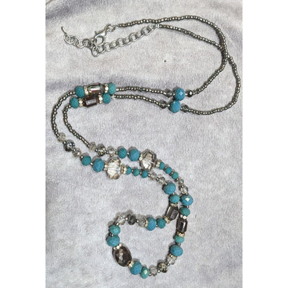 Elegant Teal And Silver Tone Glass Beaded Necklace With Aurora Borealis Accents