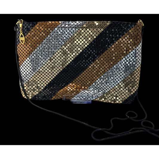 Vintage Multicolor Metal Mesh Shoulder Bag With Gold & Black Stripes 9"x6"x1” & 22" Strap Drop