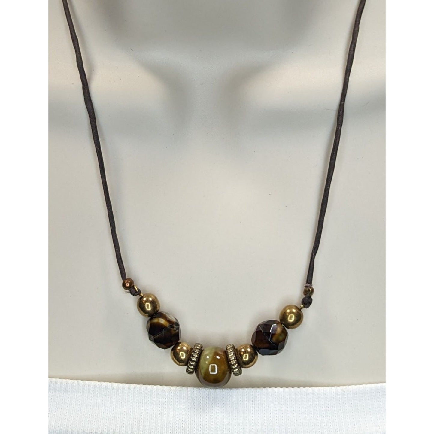Handmade Rustic Beaded Necklace Metal Ceramic Glass Brown Gold Tone