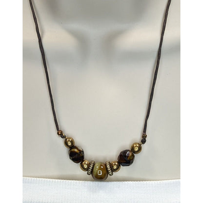 Handmade Rustic Beaded Necklace Metal Ceramic Glass Brown Gold Tone
