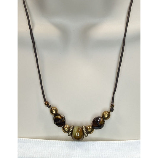 Handmade Rustic Beaded Necklace Metal Ceramic Glass Brown Gold Tone