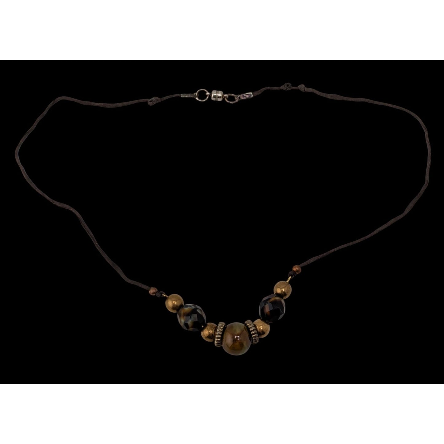 Handmade Rustic Beaded Necklace Metal Ceramic Glass Brown Gold Tone