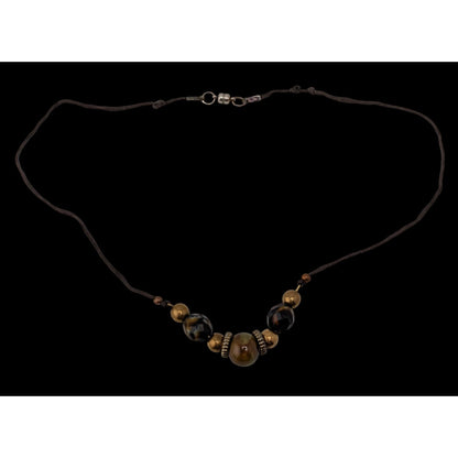 Handmade Rustic Beaded Necklace Metal Ceramic Glass Brown Gold Tone