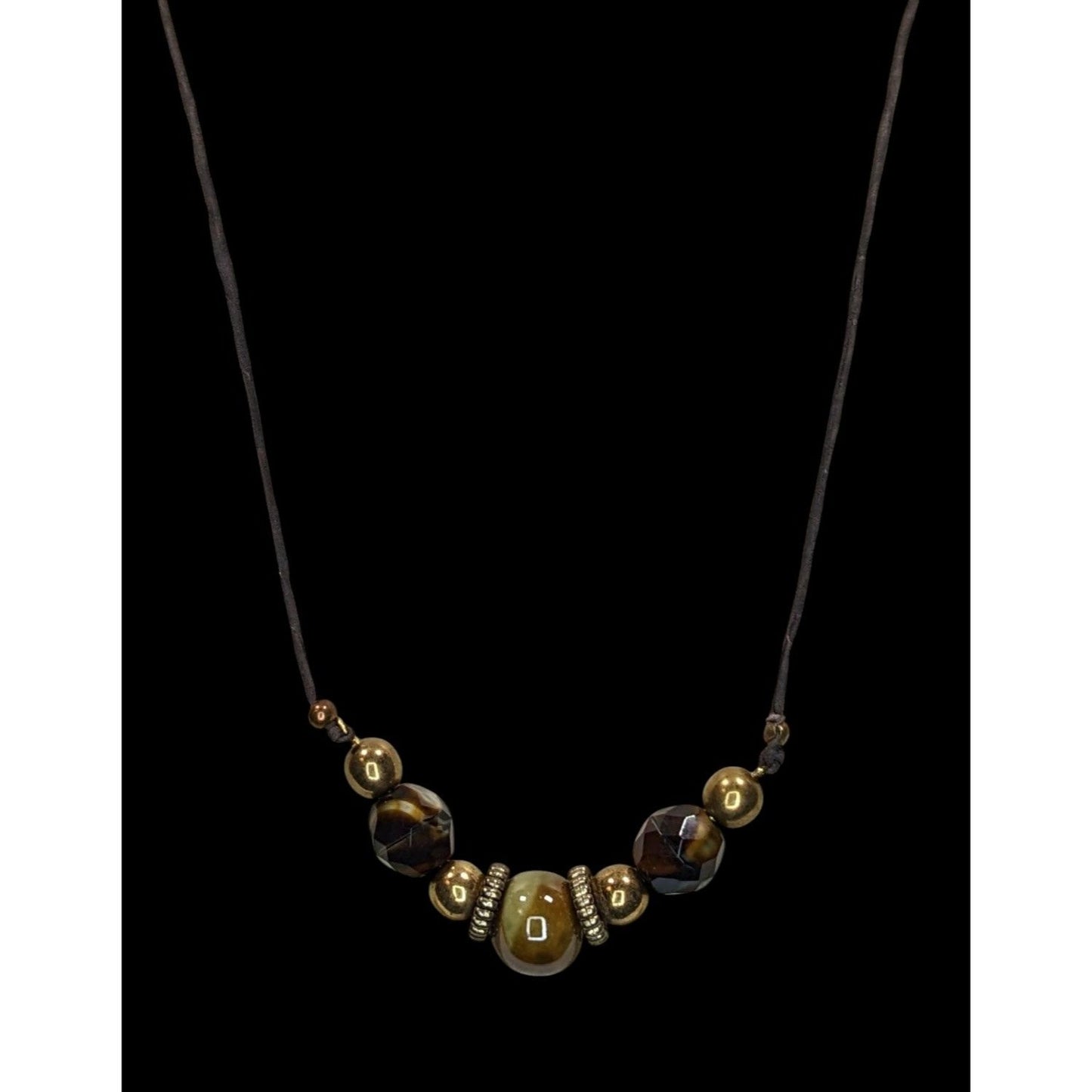 Handmade Rustic Beaded Necklace Metal Ceramic Glass Brown Gold Tone