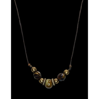 Handmade Rustic Beaded Necklace Metal Ceramic Glass Brown Gold Tone