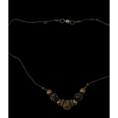 Handmade Rustic Beaded Necklace Metal Ceramic Glass Brown Gold Tone
