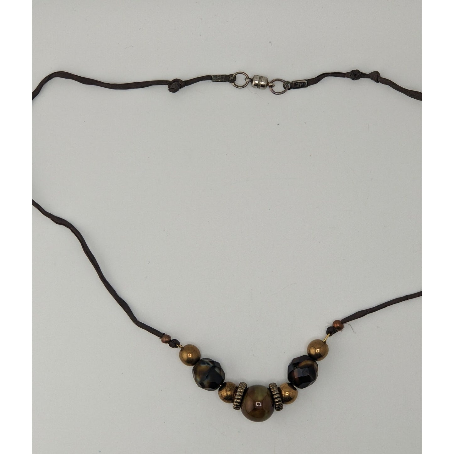 Handmade Rustic Beaded Necklace Metal Ceramic Glass Brown Gold Tone