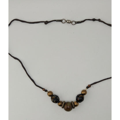 Handmade Rustic Beaded Necklace Metal Ceramic Glass Brown Gold Tone