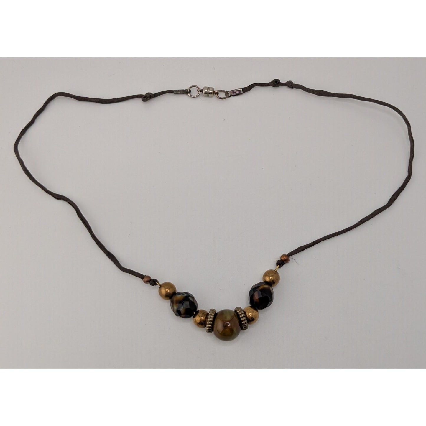 Handmade Rustic Beaded Necklace Metal Ceramic Glass Brown Gold Tone