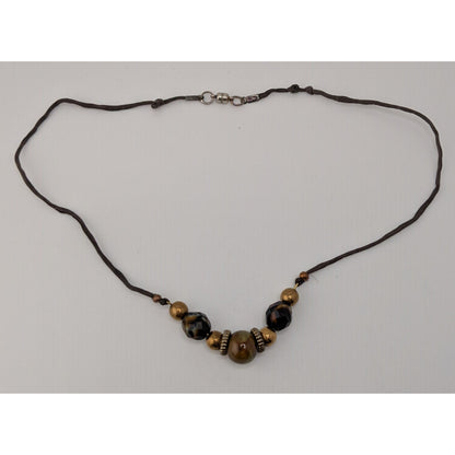 Handmade Rustic Beaded Necklace Metal Ceramic Glass Brown Gold Tone
