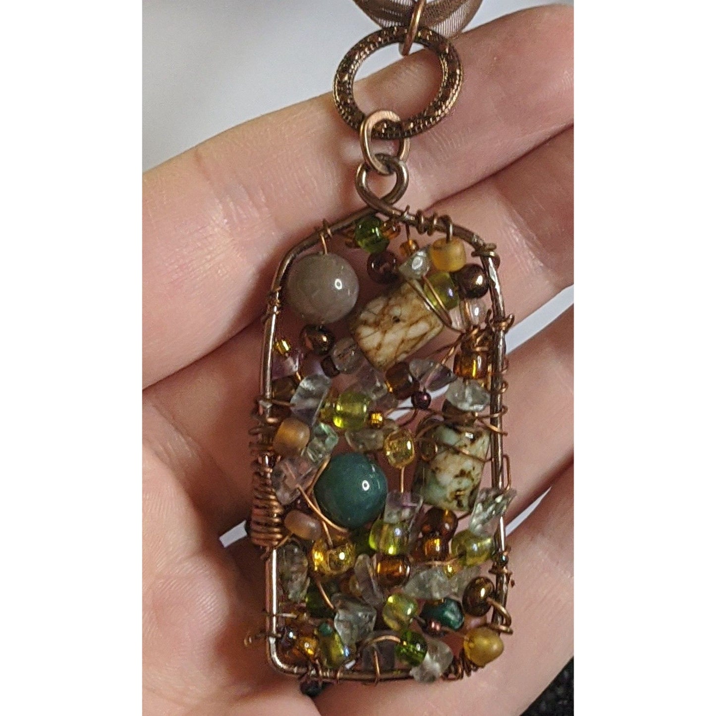Handmade Abstract Beaded Pendant Necklace With Multicolor Beads & Wire Wrapped Design