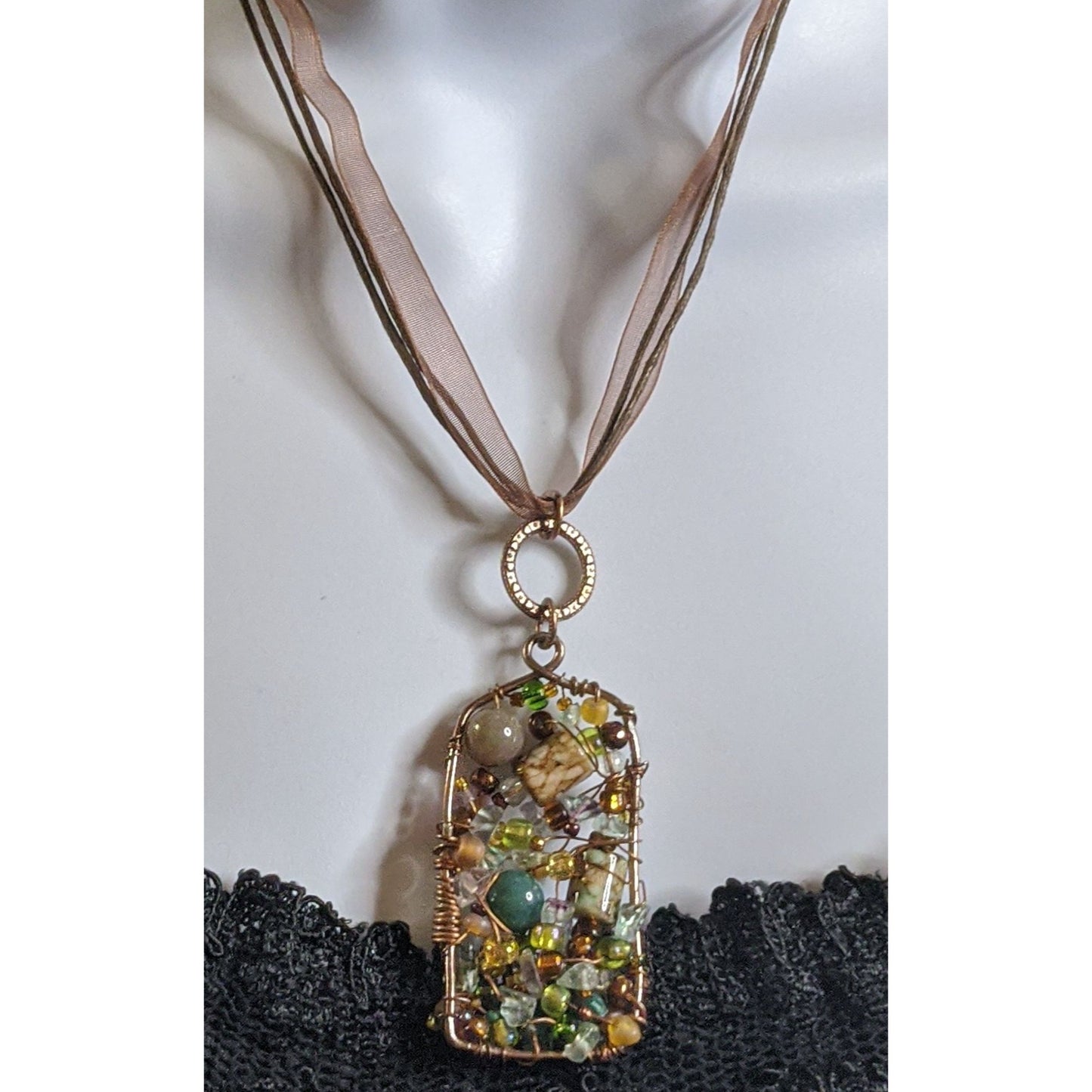 Handmade Abstract Beaded Pendant Necklace With Multicolor Beads & Wire Wrapped Design