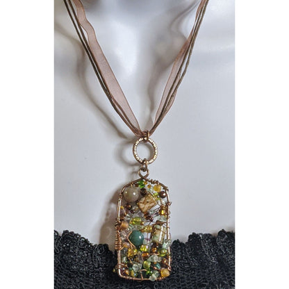 Handmade Abstract Beaded Pendant Necklace With Multicolor Beads & Wire Wrapped Design