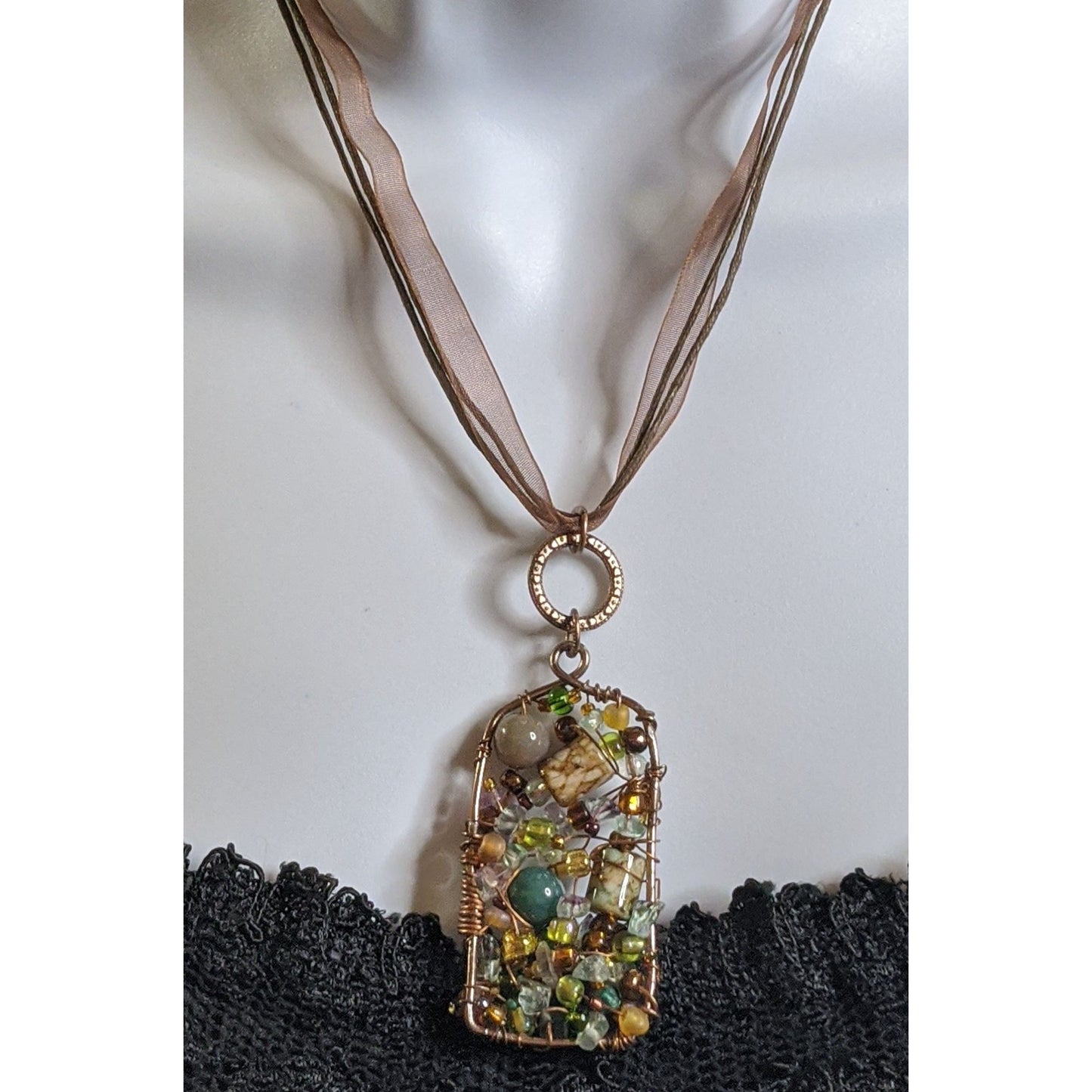 Handmade Abstract Beaded Pendant Necklace With Multicolor Beads & Wire Wrapped Design