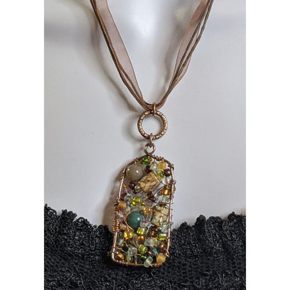 Handmade Abstract Beaded Pendant Necklace With Multicolor Beads & Wire Wrapped Design