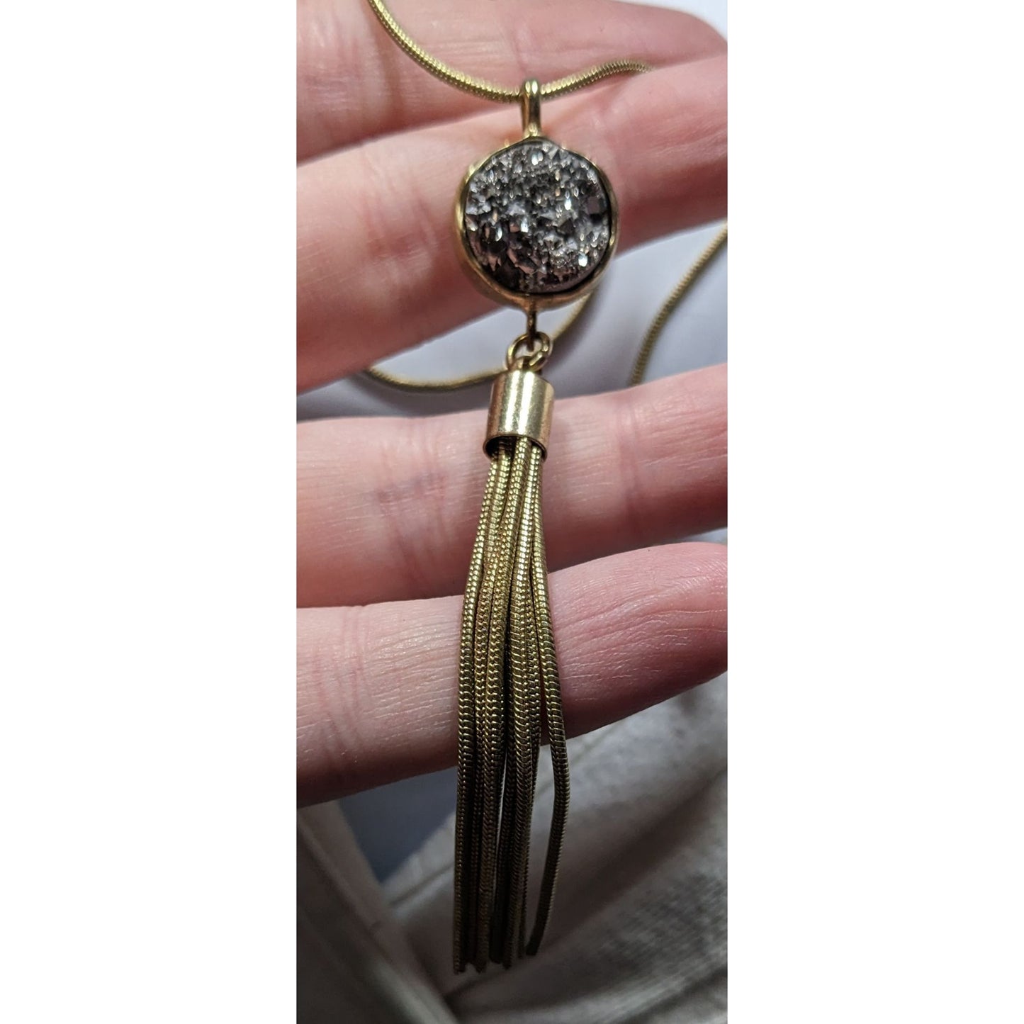 Bohemian Druzy Pendant With Gold Tone Tassel