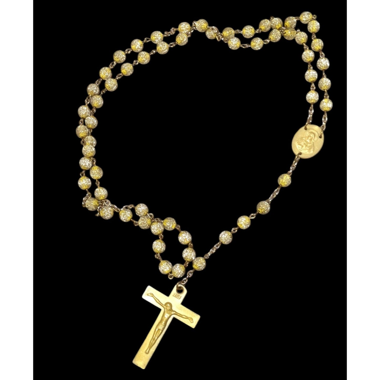 Gold Tone Yellow Glitter Beaded Rosary Necklace